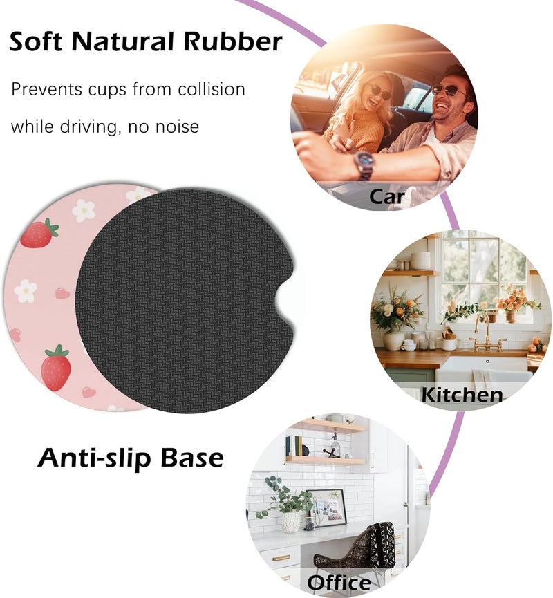 KARREAL 2 Pcs Car Cup Coasters, Cute Strawberry Universal Non-Slip Rubber Car Coasters for Cup Holders 2.75 inch, Car Interior Accessories for Women - Image 5
